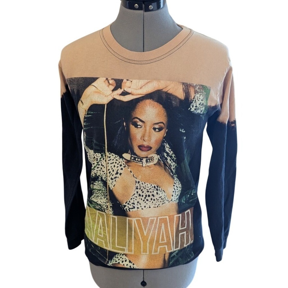 Aaliyah Graphic Long Sleeve T-Shirt Black Tan Bleached Dip Dye Womens Small Chic